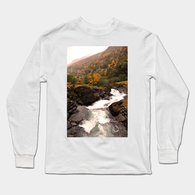 Waterfall Flamsdalen Valley Flam Norway Scandinavia Long Sleeve T-Shirt by AndyEvansPhotos